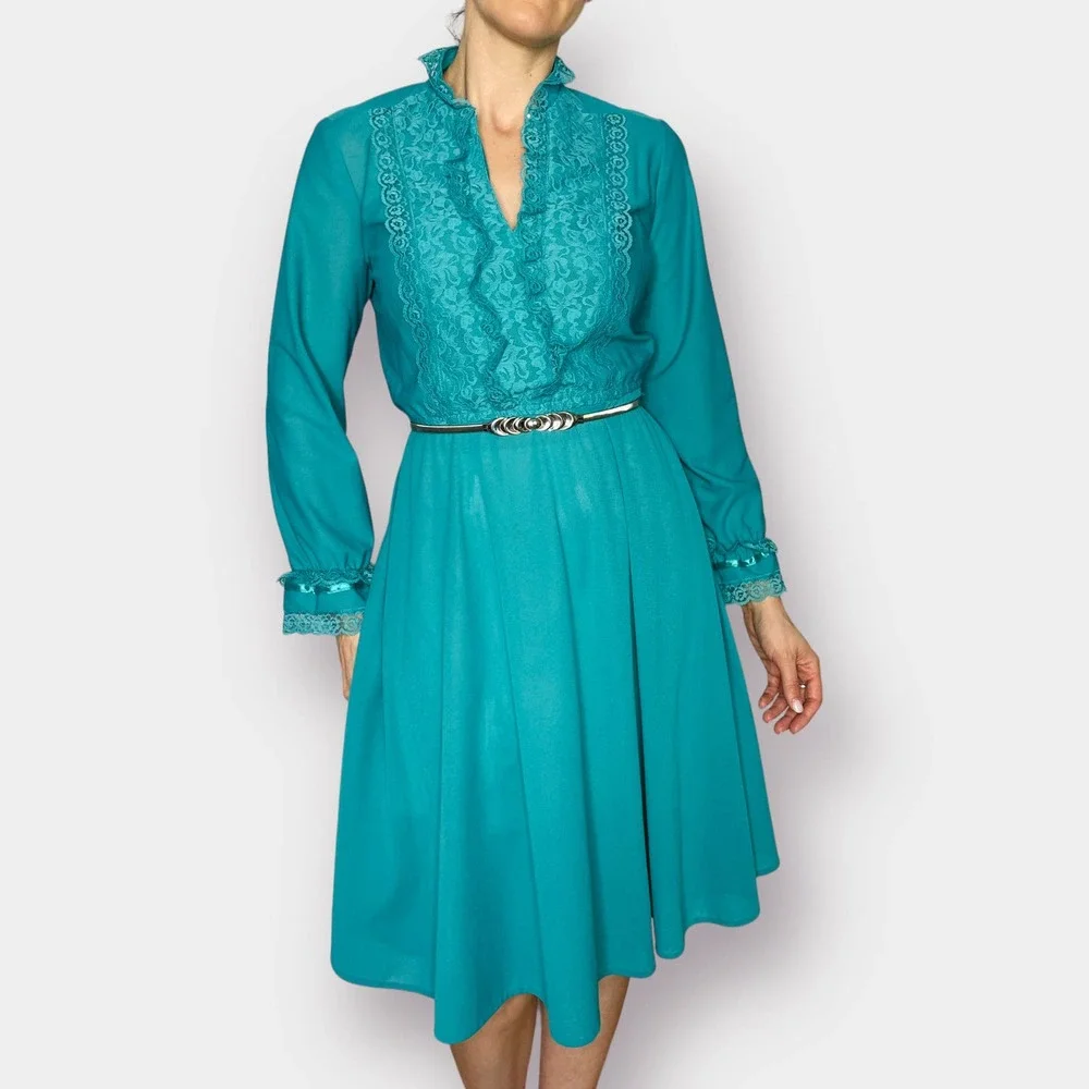 80s Jane Baar Teal Day‎ Dress with Lace Trim